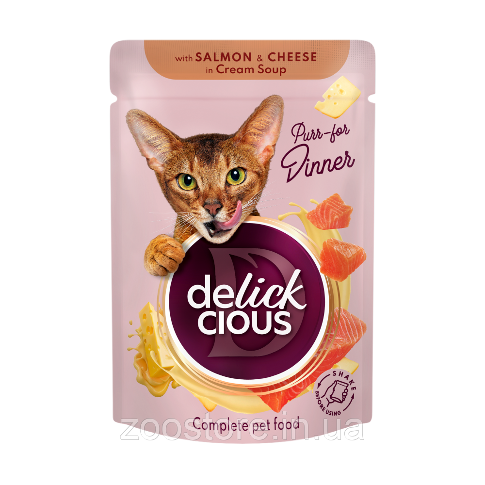 Корм вологий Delickcious для дорослих котів Смужки з лососем та сиром в крем-супі 85 г