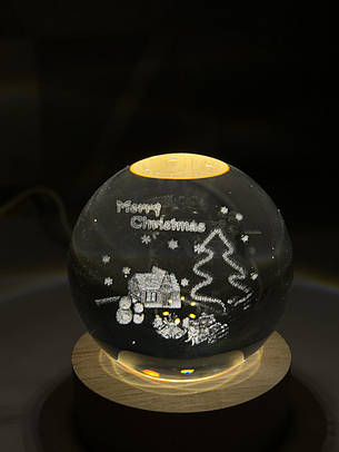 Декоративний 3D-нічник кришталева куля "Merry Christmas" з Led підсвічуванням на 60мм, прозорий, фото 1