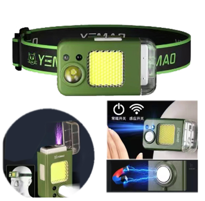 Налобний ліхтар із запальничкою датчиком руху YM-T618 тактичний ліхтарик на голову із магнітом Type-C зарядка