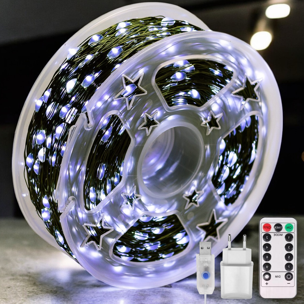 Світлодіодна гірлянда нитка "Роса" 50м з пультом, 500LED, від USB та мережі 220V, зелений провід, Холодний білий
