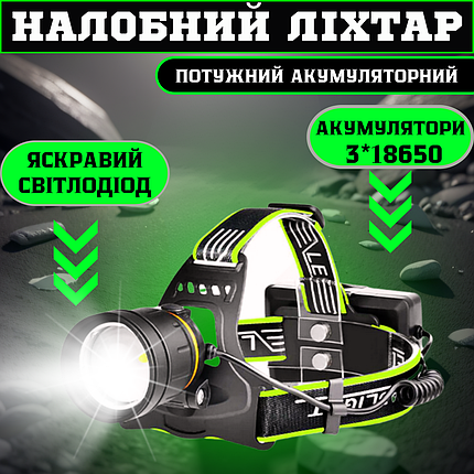 Ліхтар налобний професійний BL-A12 ліхтарик із зумом Type-C зарядкою 3 акумуляторами та потужним HP90 діодом, фото 1