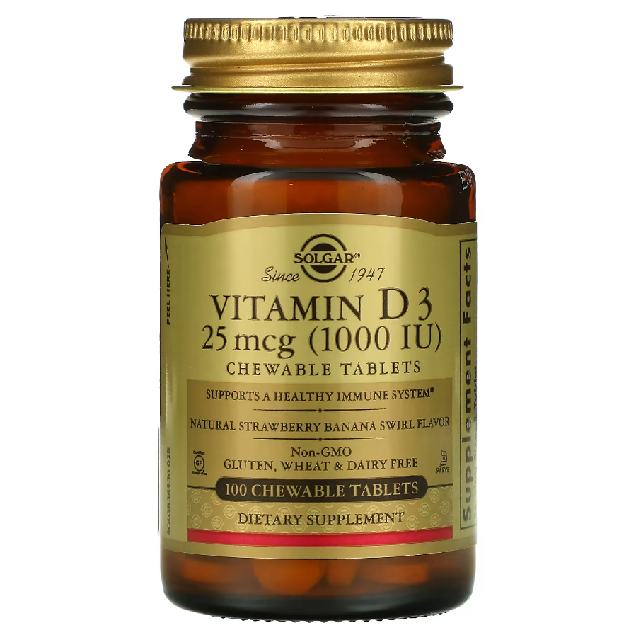 Vitamin D3 Natural Strawberry Banana Swirl 25 мкг 1000 IU 100 Solgar Опис Компанію засновано в 1947 році Підтрижувальних таблеток