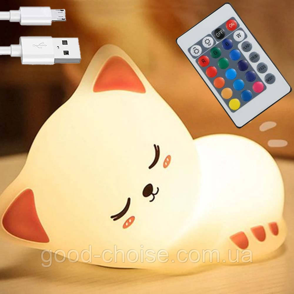 Дитячий нічник "Сплячий Котик" з пультом та USB, 6 режимів, 16х11х7см / Силіконовий світильник на акумуляторі