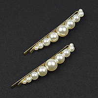 Невидимки для волосся металеві золотистого кольору з білими маленькими та великими перлинками 2 штуки 8 см