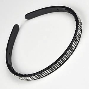 Обруч для волосся тонкого м'якого чорного кольору три ряди з білими кристалами та зубчиками