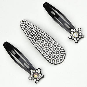 Шпилька для волосся бавовни чорного кольору з білими стразами зірочки довжина виробу 6,5 см набір із 3 штук