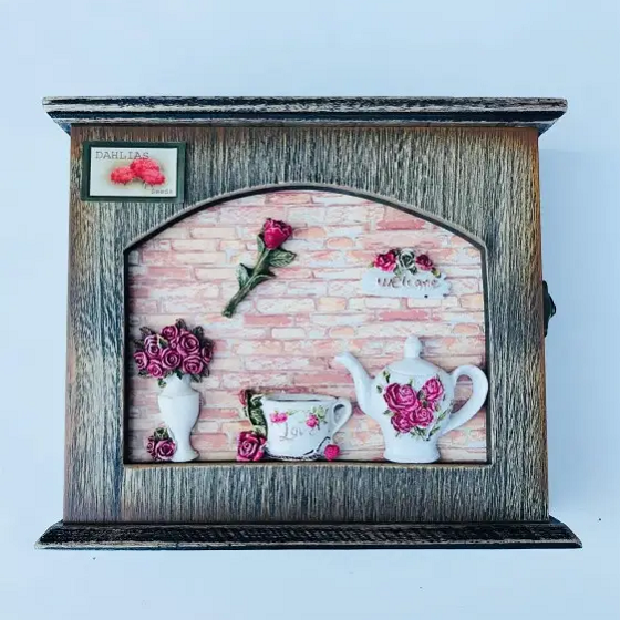 Настінна ключниця в прихожу чайна Троянда на 6 гачків органайзер для ключів вішалка для ключів на стіну