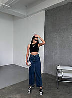 Женская трендовая джинсовая длинная юбка с разрезом синего цвета