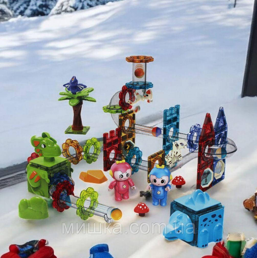 Дитячий магнітний конструктор-трек 2200, (107 дет.), містечко-трек з кульками та фігурками, фото 1