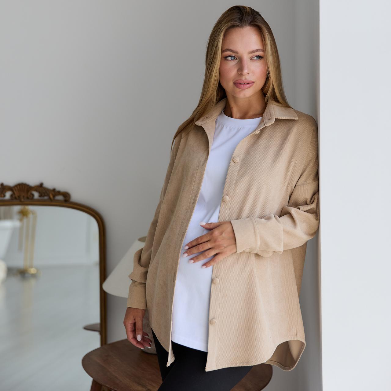 Жіноча сорочка для вагітних стилю oversize з мікровельвету Varna розмір S-М Lullababe бежева, фото 1