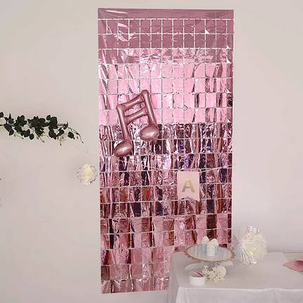 Шторка для фотозони квадратиком (фольгована) | Рожевий 1х2м, фото 1