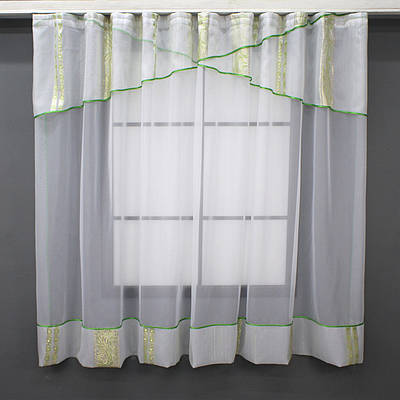 Кухонна (280х170см.) фіранка, на карниз 1,5-2м. Колір білий із салатовим і золотистим. Код 078к 59-963
