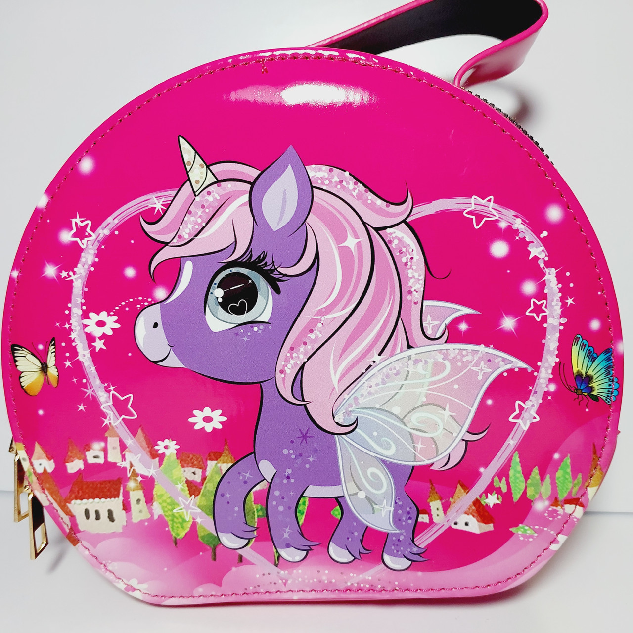 Сумка дитяча малинова з Єдиноріжком для дівчинки довга регульована ручка 206Б, фото 1