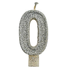 Свічка цифра з блискітками 0, срібло