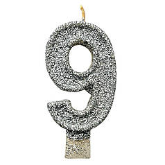 Свічка цифра з блискітками 9, срібло