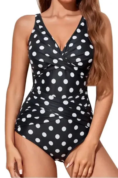 Жіночий купальник у горошок на широких бретелях ліф з чашками, фото 1