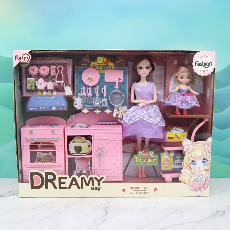 Дитячий інтерактивний набір Гра в дочки матері дівчинці 2 ляльки кухонні меблі рухомі елементи аксесуари, фото 1