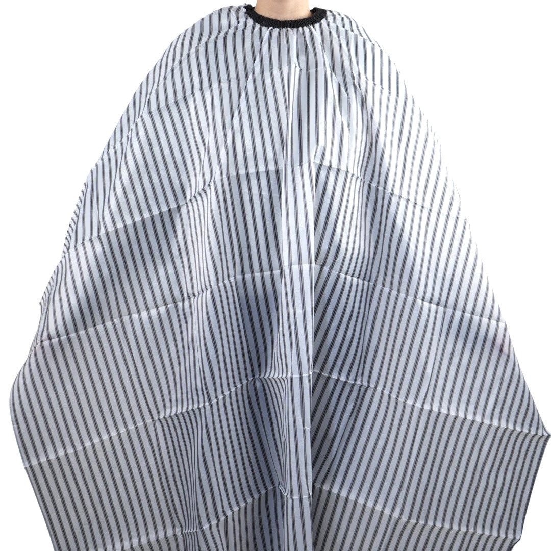 Перукарська накидка Hots Professional, біла в чорну полосу на резинці та гачках, 155*140см (HP1080-WT)