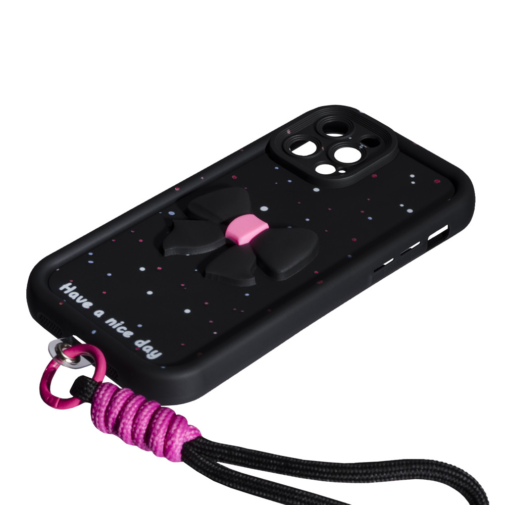 Накладка Lucky Bow Case Apple iPhone 15 Pro, чорний, силіконовий чехол з ремінцем та об'ємним бантом, фото 1