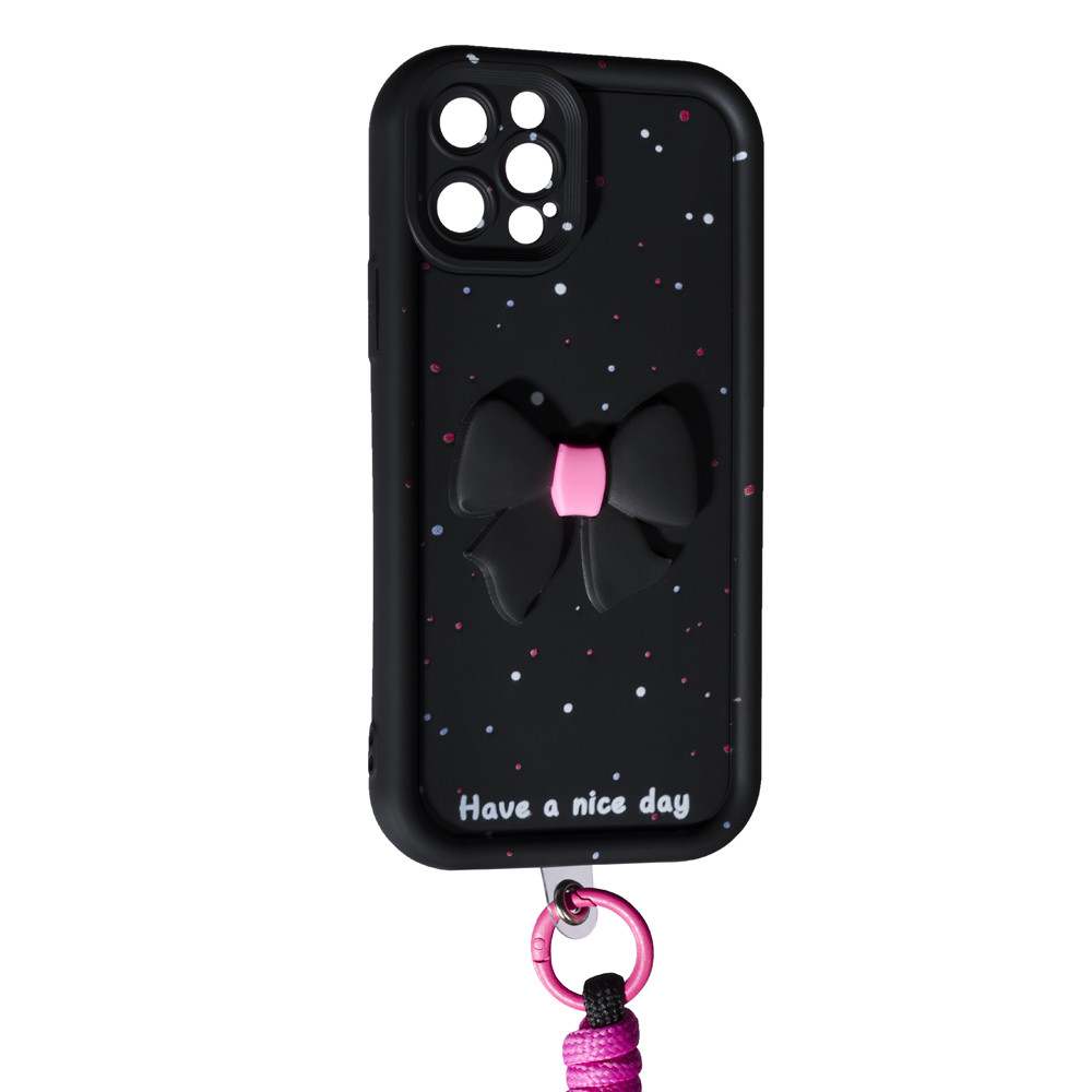 Накладка Lucky Bow Case Apple iPhone 14 Pro Max, чорна, силіконовий чохол з ремінцем та об'ємним бантом, фото 1