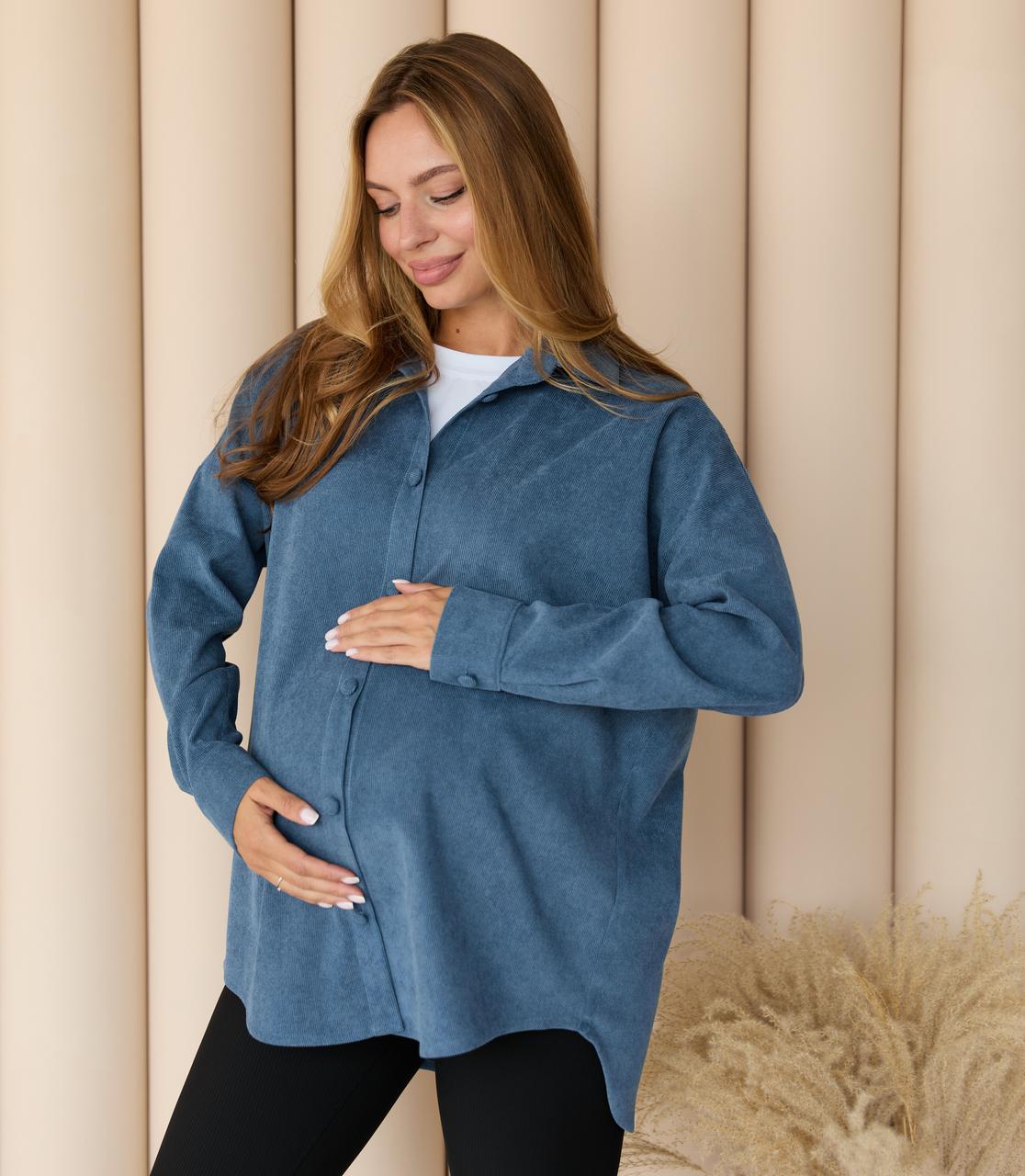 Жіноча сорочка для вагітних стилю oversize з мікровельвету Varna розмір S-М Lullababe джинсова, фото 1