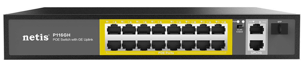 Netis Комутатор P116GH 16xFE PoE+, 2xGE Uplink, 1xGE SFP, некерований