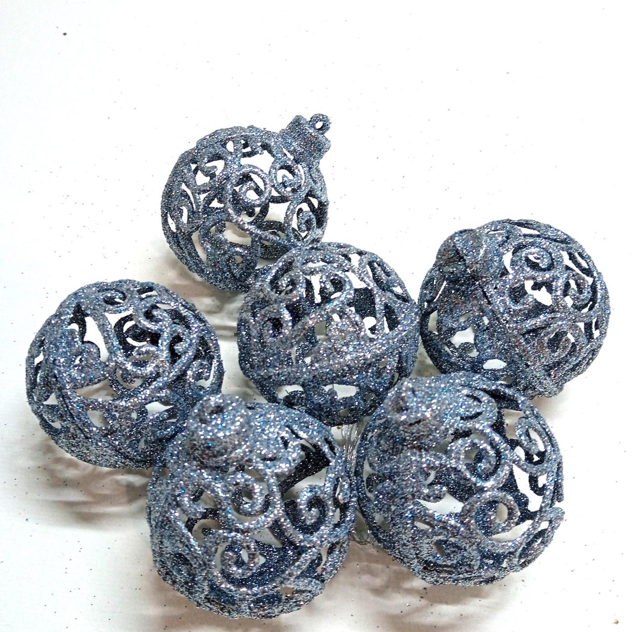 Набір новорічних іграшок 6 шт 6 см Срібне  мереживо | прикраси ялинкові | новорічні іграшки, фото 1