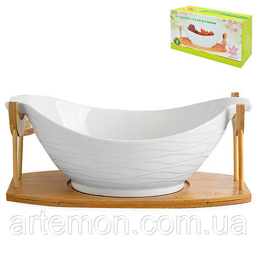 Фруктівниця порцеляна на бамбуковій підставці "White Classic" 12" (31*17*12см) Stenson (MC3654-12) [Склад зберігання: Одеса №3]