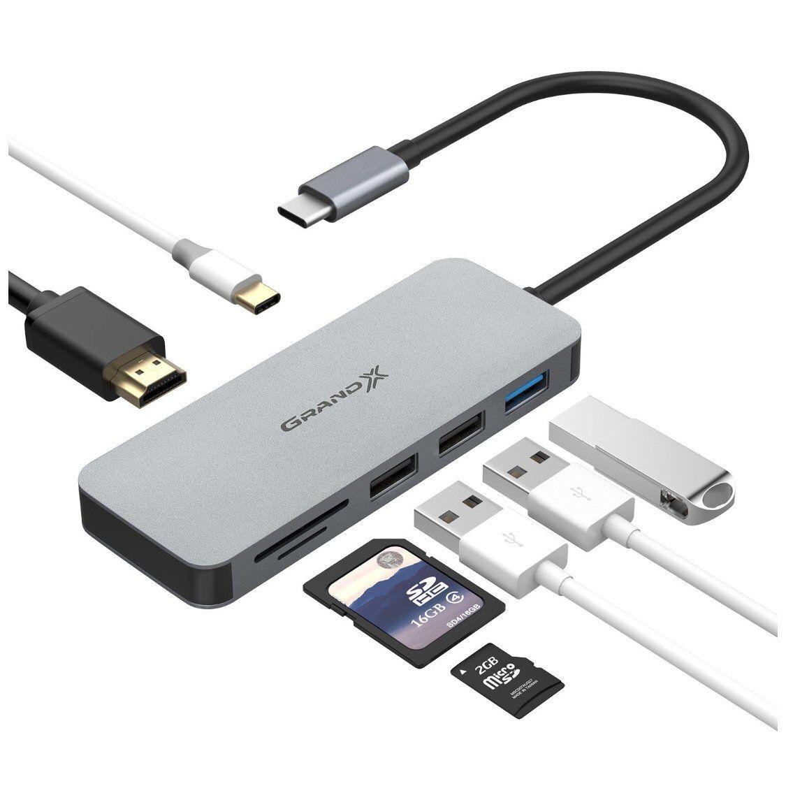 Концентратор (USB-хаб) USB 3.1 Type-C Grand-X PD Сharging HDMI/3хUSB/Type-C/OTG/CR (SG-512)