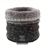 Зимовий, подвійний в'язаний шарф-снуд-комір на шию з хутром. Сірий із чорним, фото 2