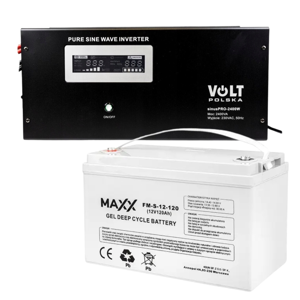 Аварійний комплект Volt Polska SINUS PRO 2400W 12/230V 1600/2400W + Акумулятор гелевий 4SUN MAXX GEL 120 Ah
