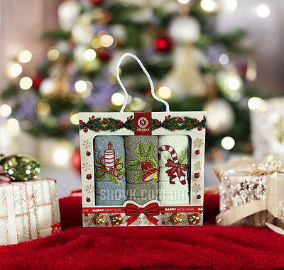 Новорічні рушники кухонні в подарунковій коробці Nilteks Happy 30х50см (3 шт)