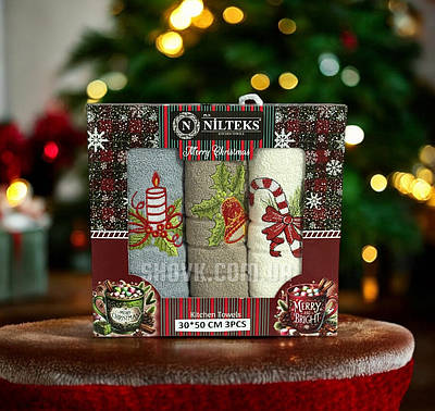 Новорічні рушники кухонні в подарунковій коробці Nilteks Happy 30х50см v2 (3 шт)