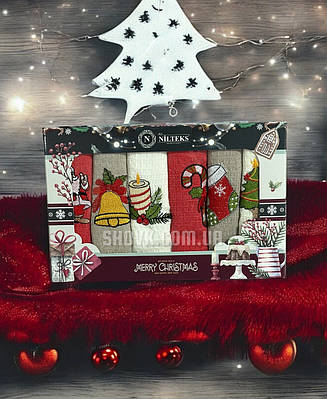 Новорічні рушники кухонні в подарунковій коробці Nilteks Merry Red 40х60см (6 шт)