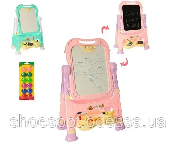 Мольберт дитячий + магнітна дошка 2в1, маркери, крейда, склянки, фото 1