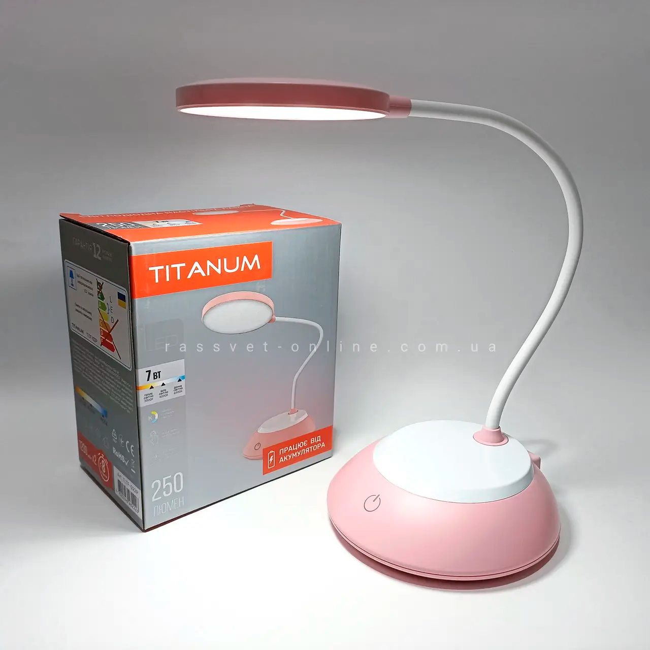 Настільна LED лампа з акумулятором Titanum TLTF-022P 7W USB 250Lm 3000K-6500К 2400mAh Li-Ion рожева