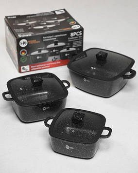 Набір квадратних каструль із силіконовими кришками чорний HK-323 ВТ7540
