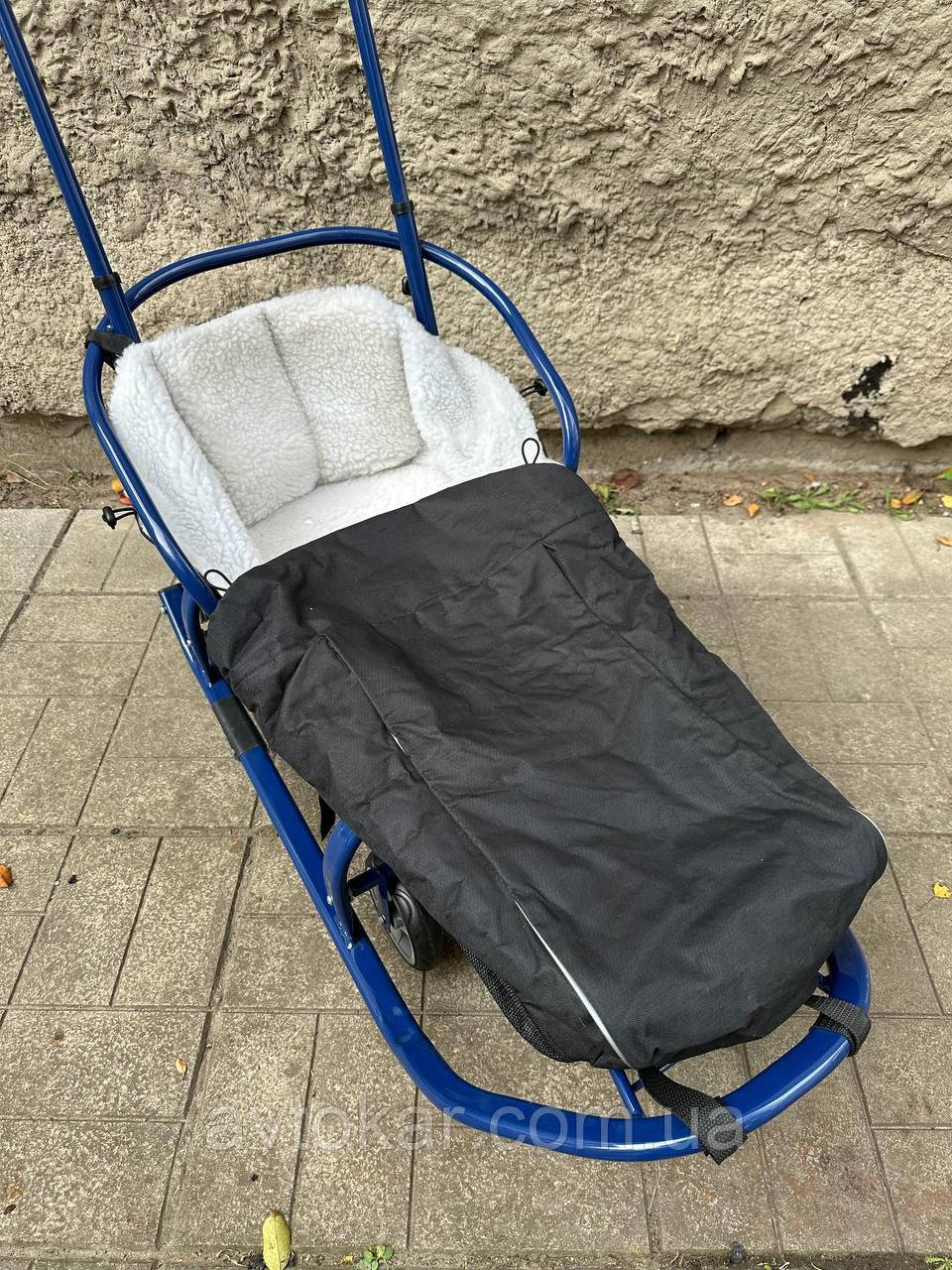 Конверт/чохол для санок, зі штучної овчини, на дві блискавки, із затяжками Чорний ORG, фото 1