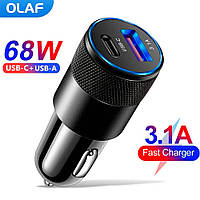 Швидкий зарядний пристрій від прикурювача OLAF 68W 1 USB + 1 Type-C PD