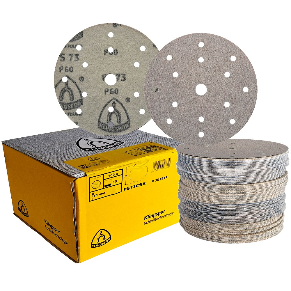 Абразивні водостійкі диски P60 d150мм з покриттям на папері та липучкою Velcro Klingspor PS 73 CWK 100шт.