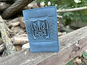 Обкладинка ВІЙСЬКОВИЙ КВИТОК шкіряна світло-синя з Гербом України Тризуб тиснення