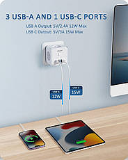 Безпечний трійник LENCENT на 3 розетки, 3 USB-A, 1 USB-C, кнопка вимкнення, фото 4