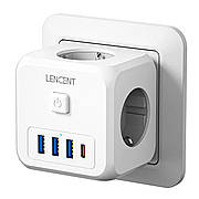 Безпечний трійник LENCENT на 3 розетки, 3 USB-A, 1 USB-C, кнопка вимкнення