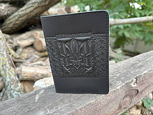 Обкладинка ВІЙСЬКОВИЙ КВИТОК шкіряна чорна з Гербом України Тризуб тиснення
