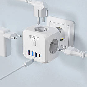 Безпечний трійник LENCENT з кнопкою відключення — мережевий адаптер на 3 розетки, 3 USB-A, 1 USB-C, захист від перевантаження
