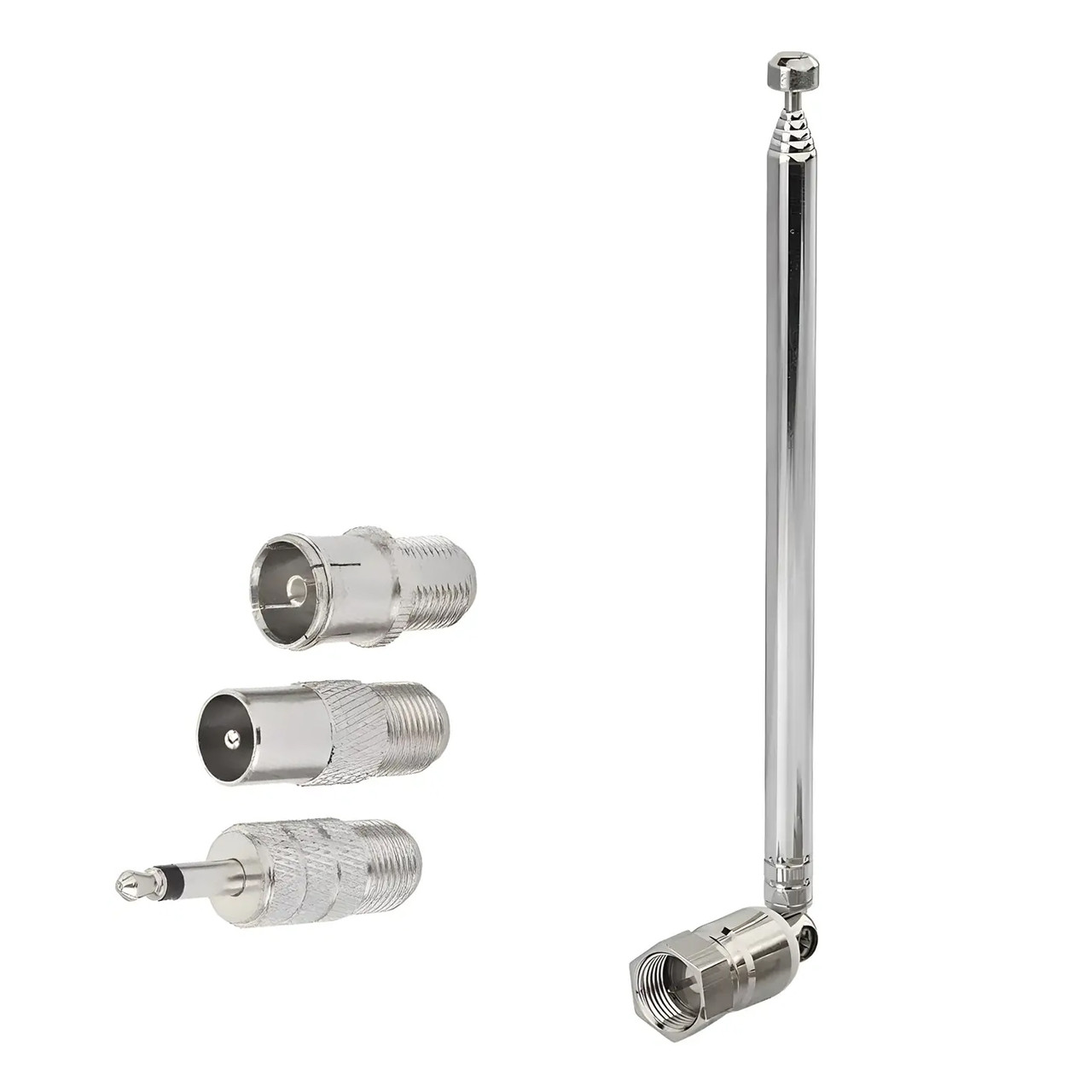 Антена телескопічна 80-240 МГц FM TV VHF, 3 dBi, довжина 168-750 мм, роз'єм F+ комплект перехідників, фото 1