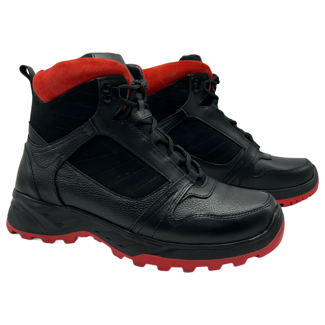 Зимові чоловічі черевики із чорної шкіри із червоними вставками на спортивній підошві «Style Shoes», фото 1