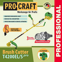 Бензокоса Procraft T4200EL/S Pro з електростартером (Розбірна штанга, 3 ножі + 1 котушка, ремінь-рюкзак)