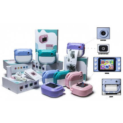 Портативний міні-принтер фотоапарат 2В1 чорно-білий друк рулон паперу ФІОЛЕТОВИЙ, фото 1