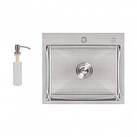 Мойка кухонная серая LIDZ Handmade Brush 3/0,8 стальная интегрированная / Раковина квадратная 500х450х220